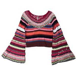 Free People Boho Chic Rainbow Crochet Multicolor Longsleeves Sweater Top Small